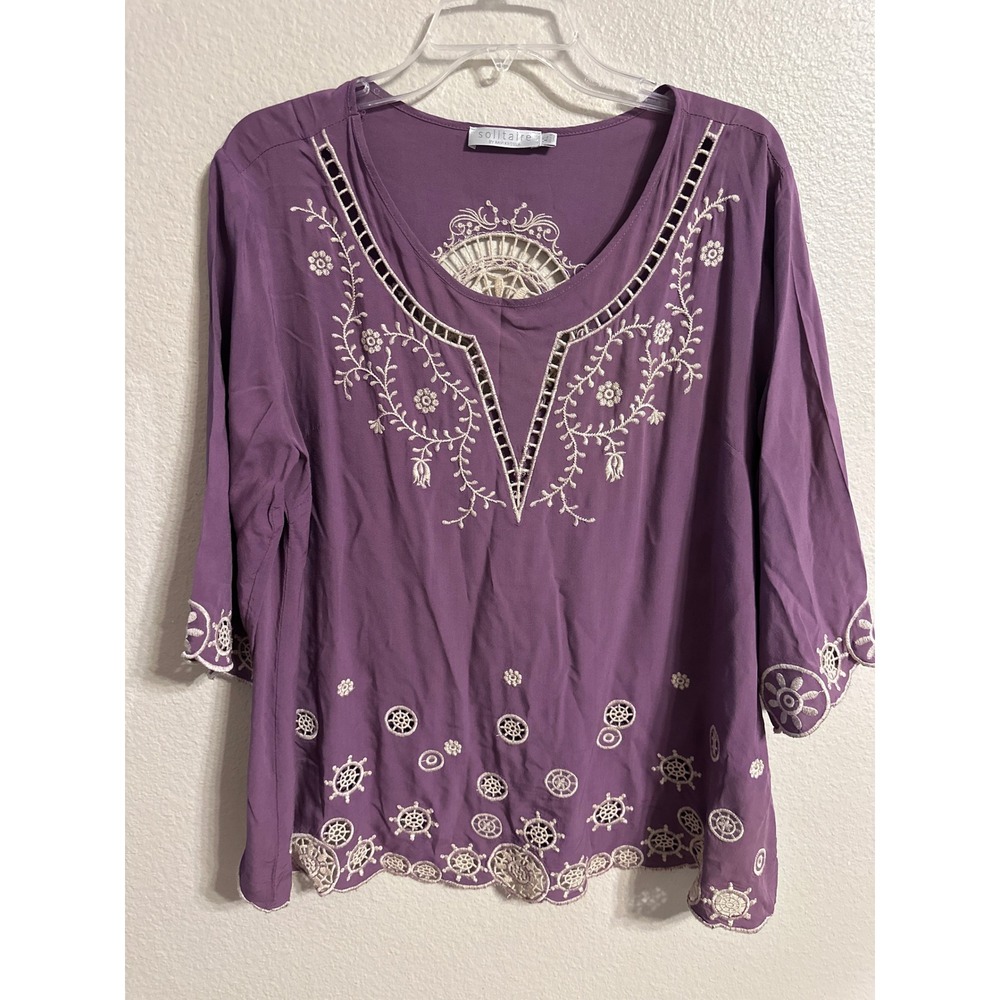 Solitaire By Ravi Khosla Purple Embroidered 3/4 Sleeve Tunic Top XL